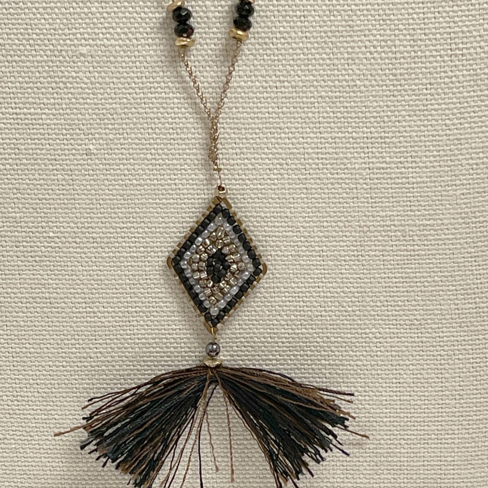 3 Vintage Boho Necklaces 1 Signed Marquet Bamboo Fringe Clay - Picture 6 of 11